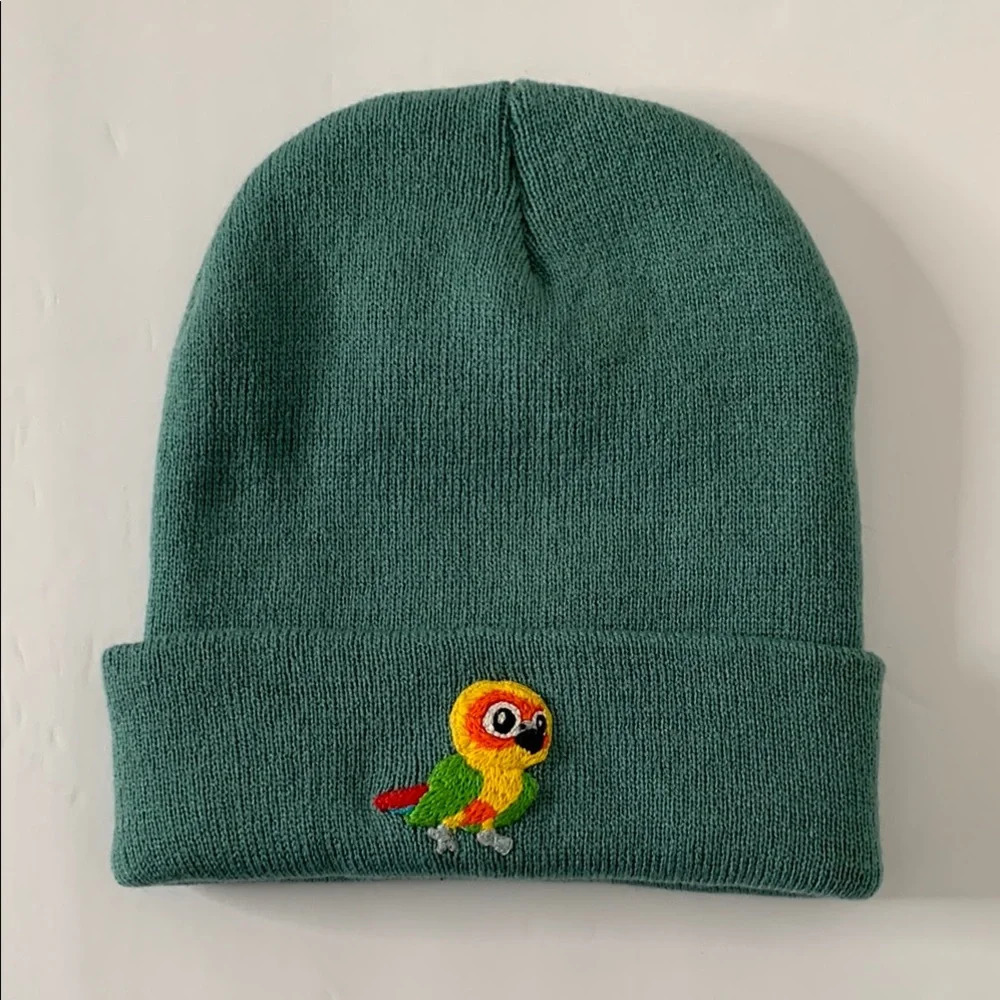 NWOT Broner Aqua Green Beanie with Hand Embroidered Parrot Appliqué Bird